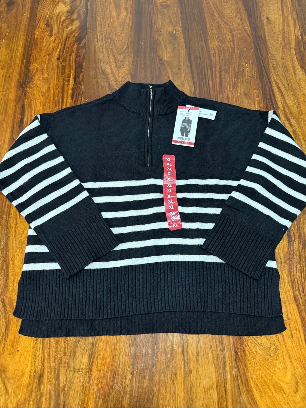 NWT DKNY Women's Quarter Zip Sweater XL Black White Stripe Turtleneck $79